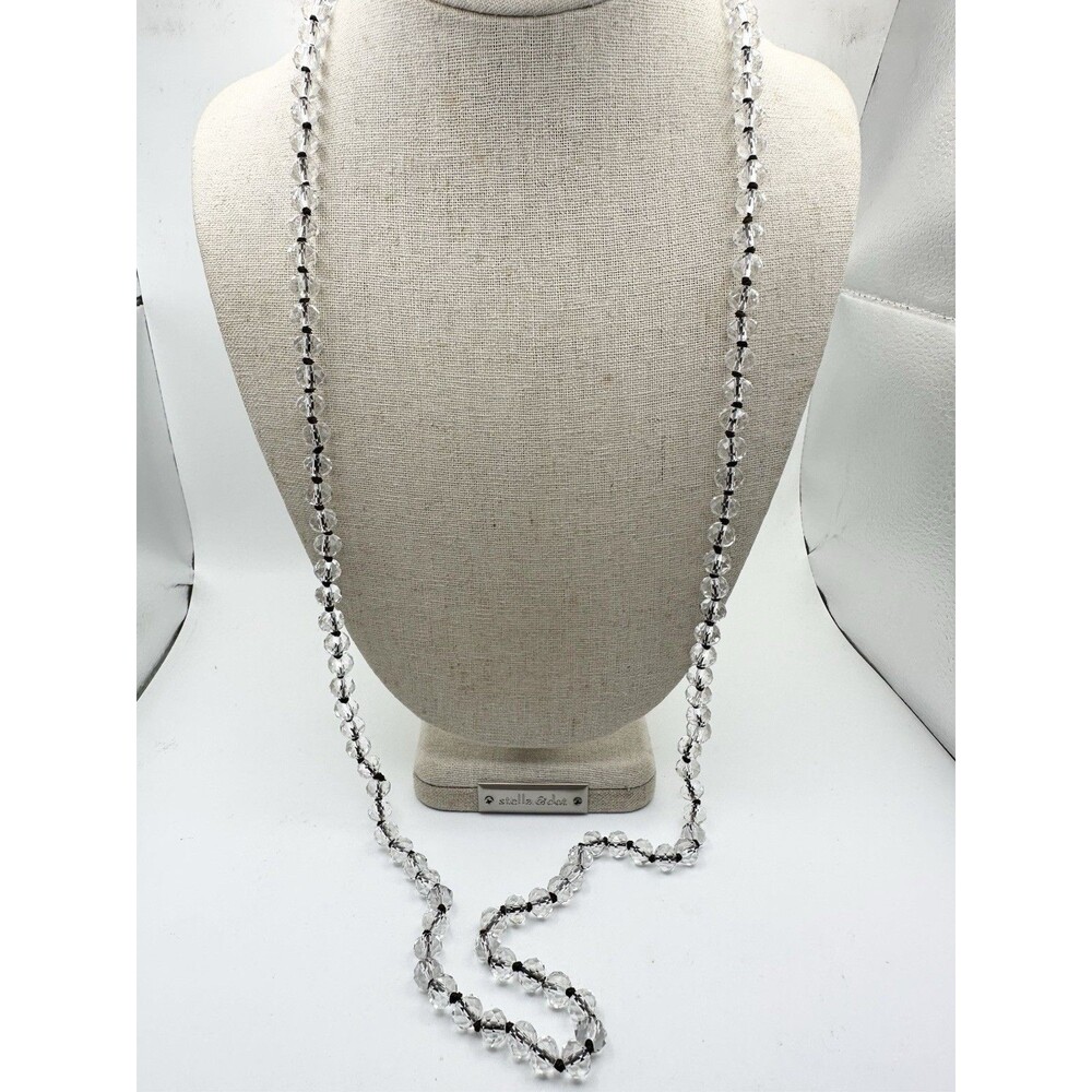 Vintage Hand Knotted Clear Faceted Glass Beaded Necklace 35”
